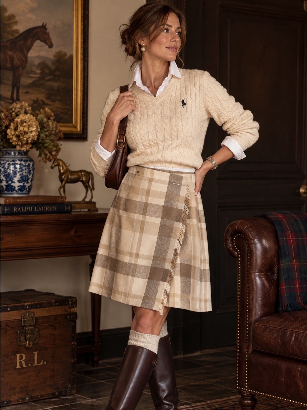Vintage Impromptu 100% Pure Virgin Wool Plaid Knee Length Cream Wrap Skirt
